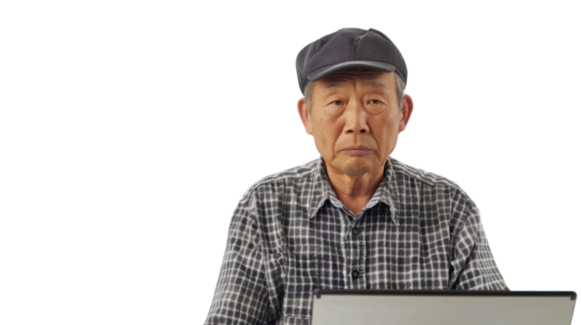 Asian senior male Employee IT specialist sit at work with laptop on white background