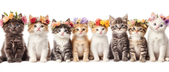 Fototapeta premium Adorable Group of Kittens Wearing Flower Crowns in Various Sitting Poses on White Background