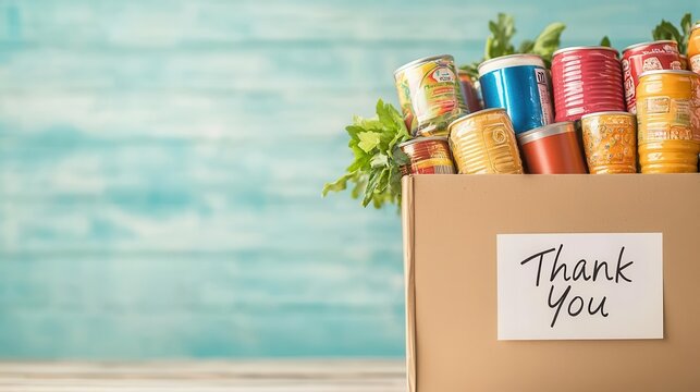 A detailed shot of a donation box filled with neatly stacked canned goods, a handwritten "Thank You" note visible, soft and warm lighting enhancing the feel of gratitude