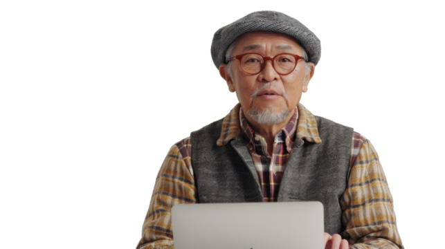 Asian senior male Employee IT specialist sit at work with laptop on white background