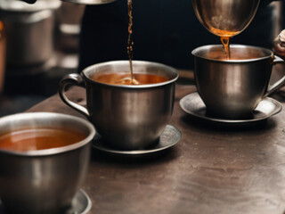 Man Pouring Hot Tea Indian Style for Customers at a Street Shop

