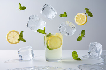 Vaso de limonada rodeado de hielos y limones cayendo. Generado con IA