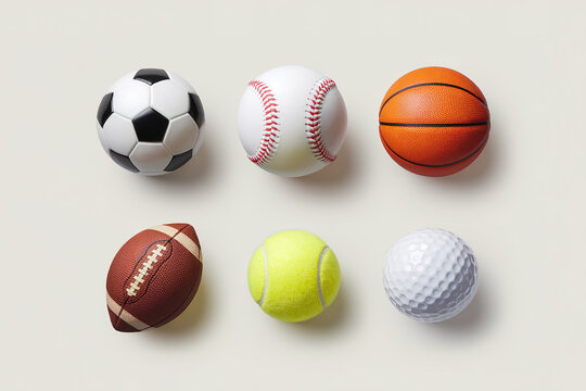 Fondo blanco con seis pelotas de diferentes deportes. Generado con IA