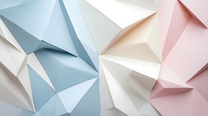 Obraz premium Geometric shapes with sharp edges in pastel colors, layered over a clean white background.