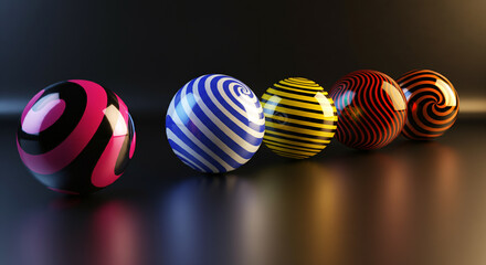 A row of five glossy spheres with different spiral patterns and colors on a reflective surface.