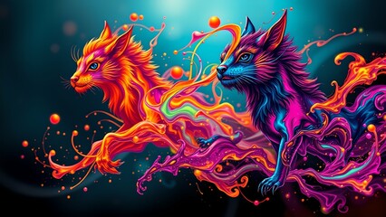 Obraz premium Colorful abstract animals with glowing particles, dynamic swirling ink patterns, flowing neon liquid, and a soft-focus surreal background atmosphere