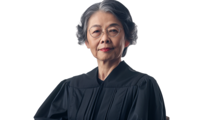 Asian senior female judge on white background
