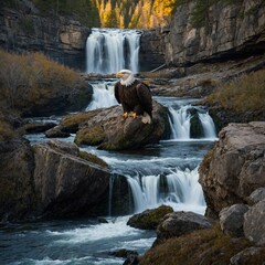 A bald eagle perched on a cliffside with a cascading waterfall nearby.