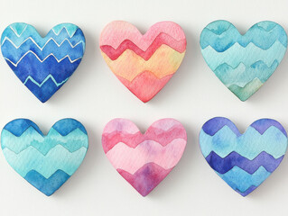 Fototapeta premium Vibrant watercolor heart shapes in various colors and patterns, isolated design on white background 