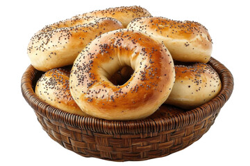 Stack of bagels in basket on white background