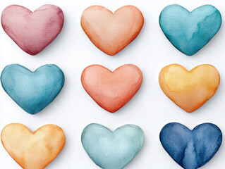 Fototapeta premium Vibrant watercolor hearts in various colors arranged in grid pattern, isolated design on white background 