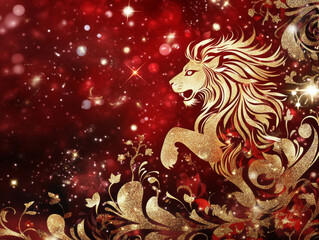 Fototapeta premium Golden lion silhouette with glittering mane on red sparkling background.