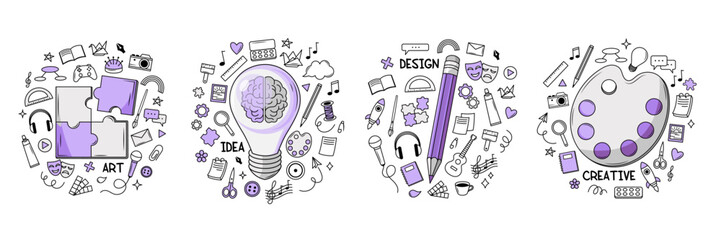 Set of illustrated icons featuring art, idea, design, and creative themes, surrounded by doodle-style elements on a white background. Vector illustration