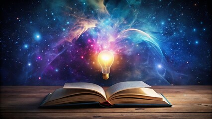 Illuminated Ideas A Glowing Lightbulb Ascends from an Open Book Against a Cosmic Nebula Background