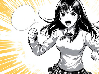 Excited schoolgirl in manga style with comic speech bubble and dynamic background.