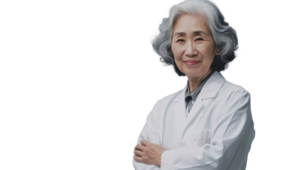 Asian caucasian senior female handsome doctor arms crossed on white background