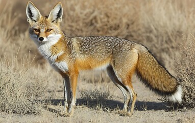 Obraz premium A slender fox with large ears stands alert in a dry, grassy habitat.