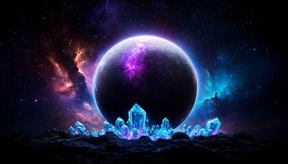 Obraz premium Planet cosmic imagery.glowing alien planet with crystal formations