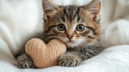 Cute kitten with heart-shaped toy on soft blanket