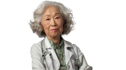 Asian caucasian senior female handsome doctor arms crossed on white background