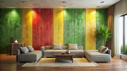 Fototapeta premium Modern Living Room with Vibrant Multicolored Wall Panels and Comfortable Sectional Sofa