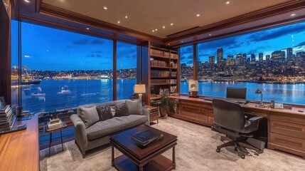 Obraz premium Luxurious Home Office Overlooking City Skyline at Night