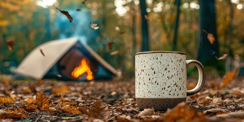 White coffee mug with brown spots sits on the ground next to a tent