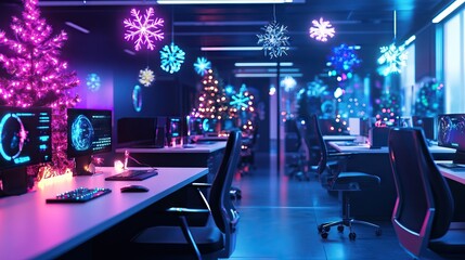 Futuristic office with Christmas decorations aglow.