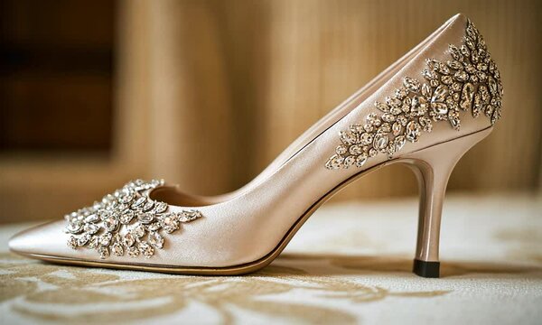 A decorative high-heeled shoe embellished with jewels, showcasing elegance and style.