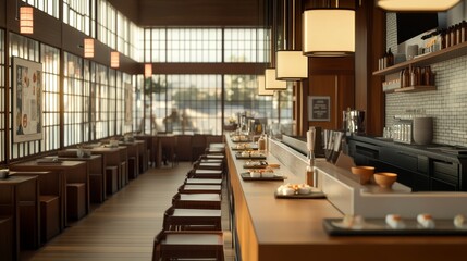 Enjoying a Vibrant Weekend at a Sushi Bar - Peaceful and Modern Atmosphere with Fresh Sushi Delights in Warm Lighting