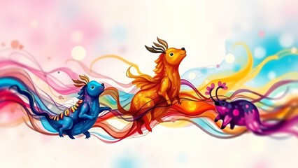 Obraz premium Whimsical abstract animals in fluid motion with glowing light reflections, vibrant ink colors, playful surrealism, and a soft-focus bokeh effect blending seamlessly