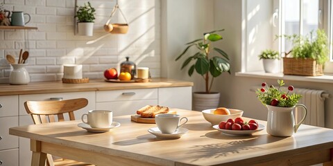 Sunny Kitchen Table with Morning Coffee and Fruit