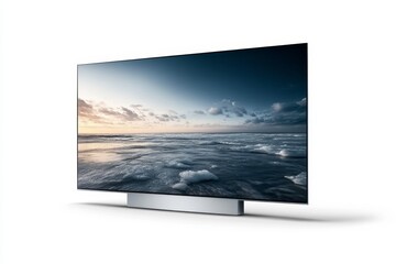 Fototapeta premium Futuristic Ultra-Wide QLED TV with Cinematic 21:9 Aspect Ratio and Premium Design on White Background - Photorealistic Home Theater Style