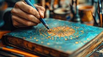 Artist drawing mandala on ancient book cover with pen