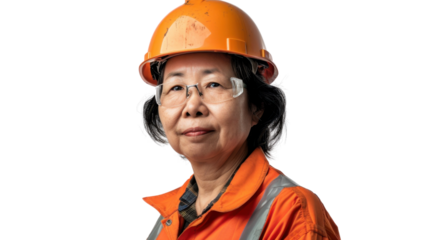 Asian caucasian senior female engineer with safety helmet on white background
