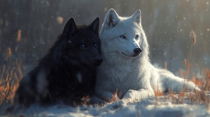 A black and white wolf peacefully relax in a snowy landscape with soft morning light illuminating the scene