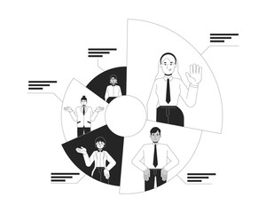 Effective workload distribution black and white 2D illustration concept. Allocating tasks among team members. Employees responsibilities outline characters isolated. Metaphor monochrome vector art