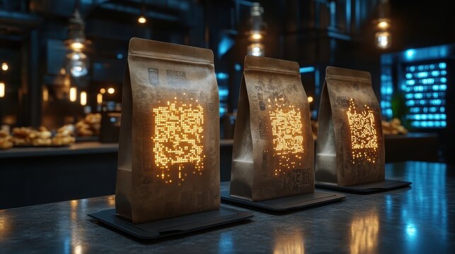 Smart packaging with QR codes linking to product info close up on scannable codes, futuristic, blend mode, digital information center backdrop