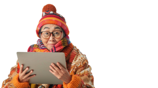 Asian senior female Employee IT specialist sit at work with laptop on white background