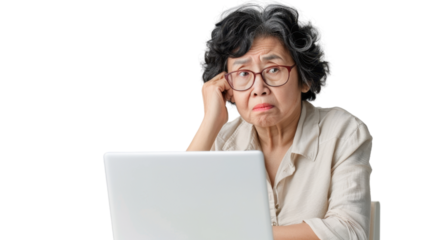 Asian senior female Employee IT specialist sit at work with laptop on white background
