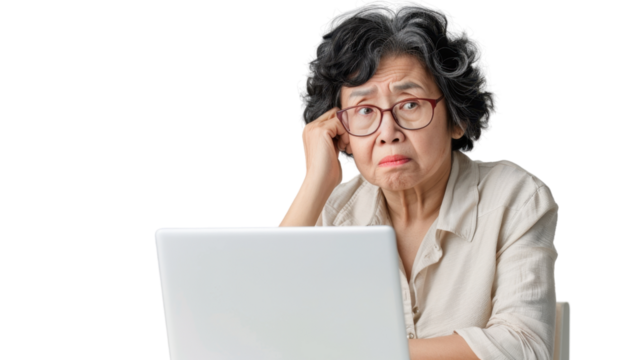 Asian senior female Employee IT specialist sit at work with laptop on white background