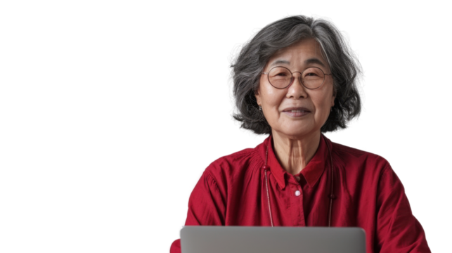 Asian senior female Employee IT specialist sit at work with laptop on white background
