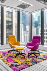 Fototapeta premium Modern office chairs and colorful rug near city view