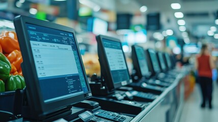 Fototapeta premium Supermarket POS Systems Checkout Terminals Retail Technology Grocery Store