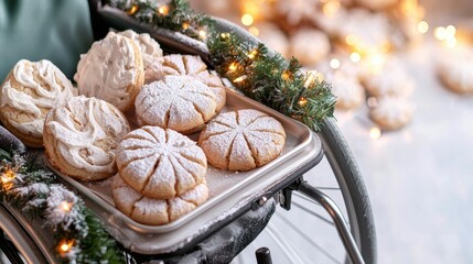 A cozy scene featuring freshly baked cookies on a tray, resting on a wheelchair, surrounded by festive decorations and soft lighting.