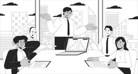 Team members conducting competitors analysis black and white line illustration. Colleagues evaluating sale metrics 2D characters monochrome background. Competitive market research outline vector image