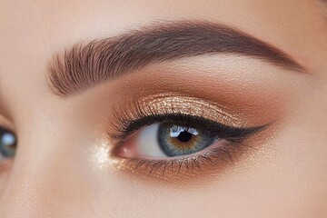 Obraz premium Warm Gaze Showcasing Subtle Golden Eyeshadow and Elegant Makeup