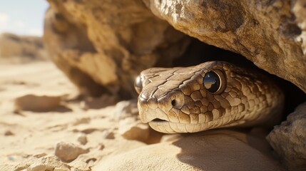 Obraz premium Close-Up of a Snake Peeking from Rock in Desert Landscape Under Bright Natural Light