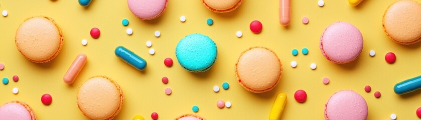 Obraz premium Colorful Macarons Pills Confetti Flat Lay Yellow Background