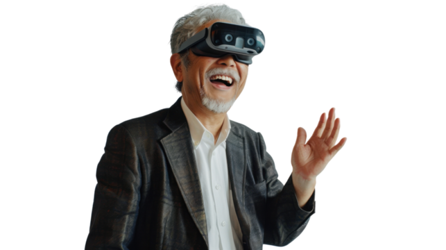 Asian caucasian senior businessman watching vr glasses laughing and gesturing with hand on white background

